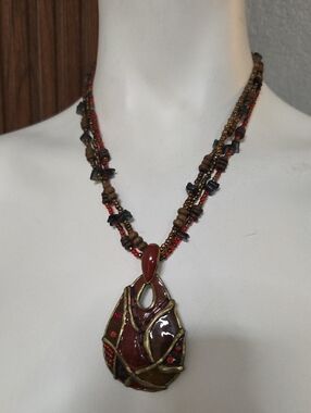 Handcrafted Brown and Red Beaded Pendant Necklace